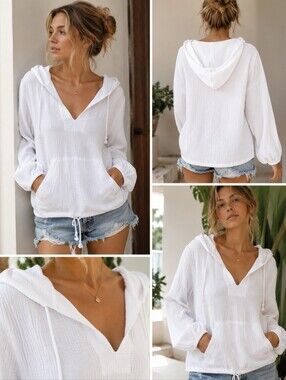 Magaschoni White Organic Cotton Gauze Hoodie Pullover